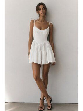 Tiger Mist Bijou White Mini Dress XS Tie Shoulder Bustier Babydoll Cottagecore